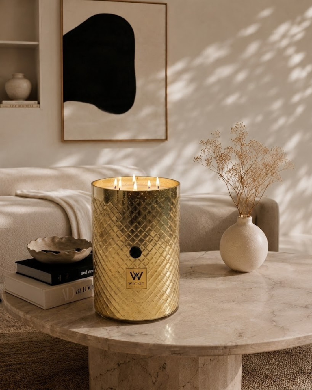 Wickit Candles Golden Facet 9" x 14" — hand-blown glass candle, styled view 2