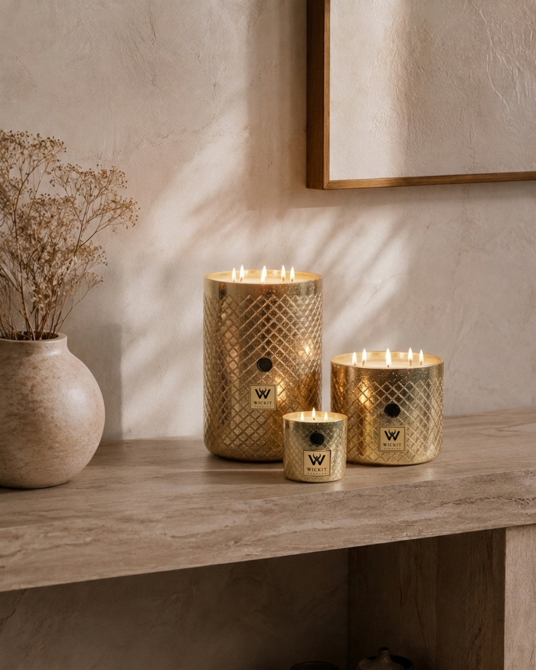 Wickit Candles Golden Facet 9" x 14" — hand-blown glass candle, alternate view